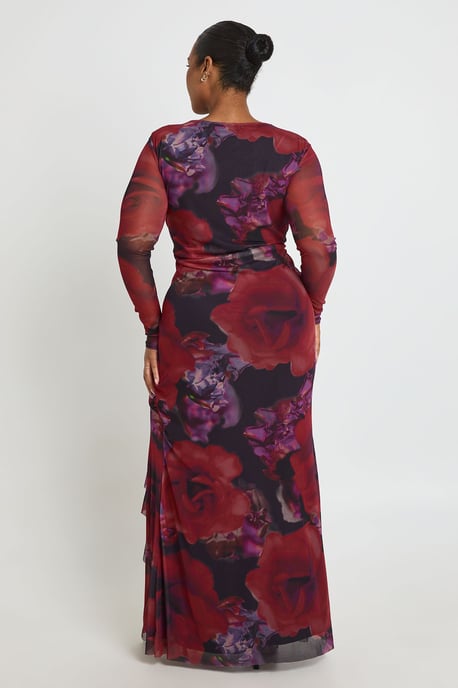 Boohoo Plus Blumen-Mesh-Maxikleid mit Rüschen und Raffungen - Image 2