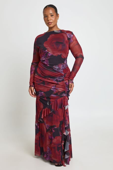 Boohoo Plus Blumen-Mesh-Maxikleid mit Rüschen und Raffungen - Image 3