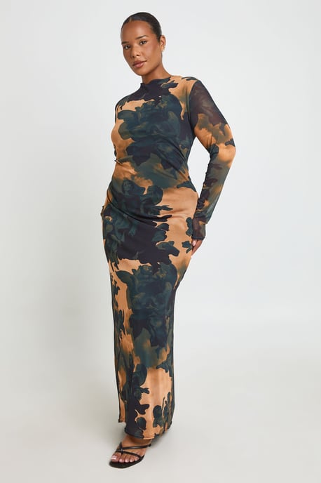 Boohoo Plus bedrucktes Mesh-Maxikleid mit tiefem Rückenausschnitt - Image 3