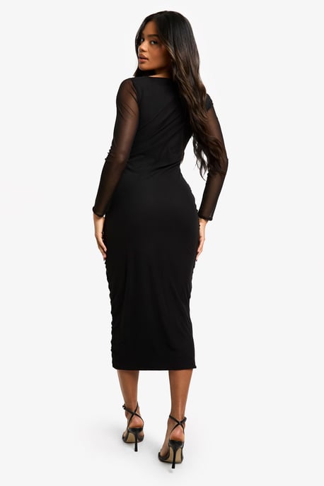 Kleid mit quadratischem Ausschnitt, Raffungen und Mesh, Midaxi - Image 2