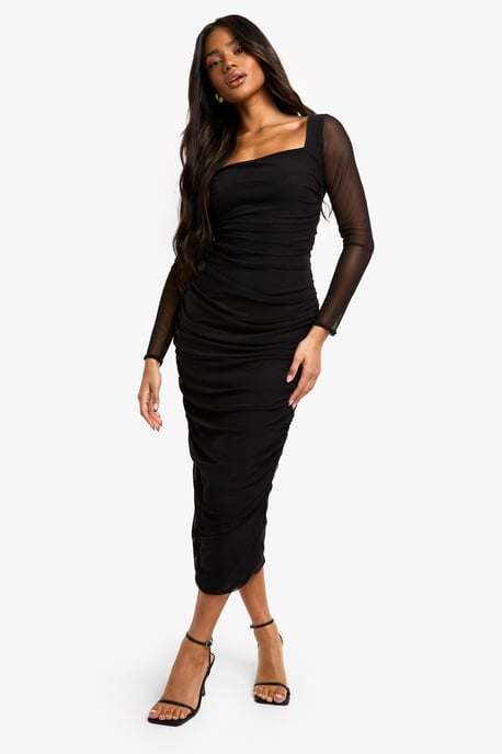 Kleid mit quadratischem Ausschnitt, Raffungen und Mesh, Midaxi - Image 3