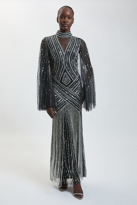 Petite Maxikleid aus Webstoff mit Verzierungen und Cape-Ärmeln - Image 1