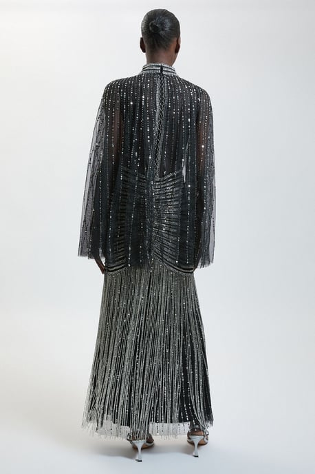 Petite Maxikleid aus Webstoff mit Verzierungen und Cape-Ärmeln - Image 2