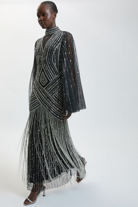 Petite Maxikleid aus Webstoff mit Verzierungen und Cape-Ärmeln - Image 3