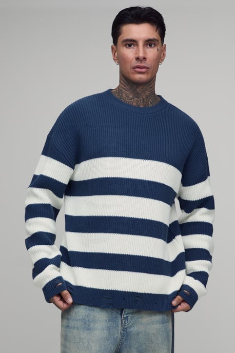 Tall Gestreifter Distressed-Strickpullover - Image 2