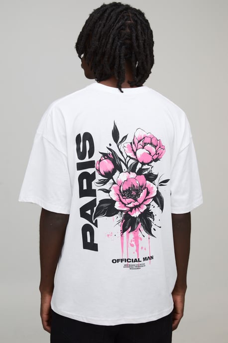 Weißes Oversized-T-Shirt mit Paris-Blumenprint - Image 1