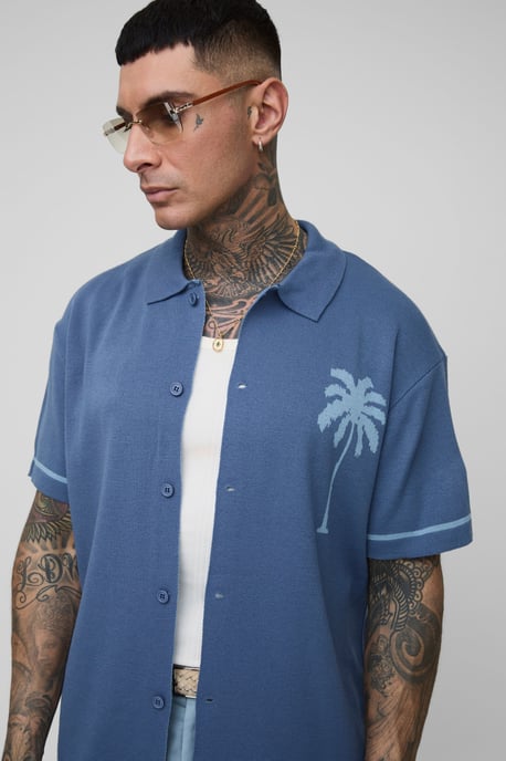 boohooMAN Tall Relaxed Palm Scenic Jacquard-Strickhemd - Image 3