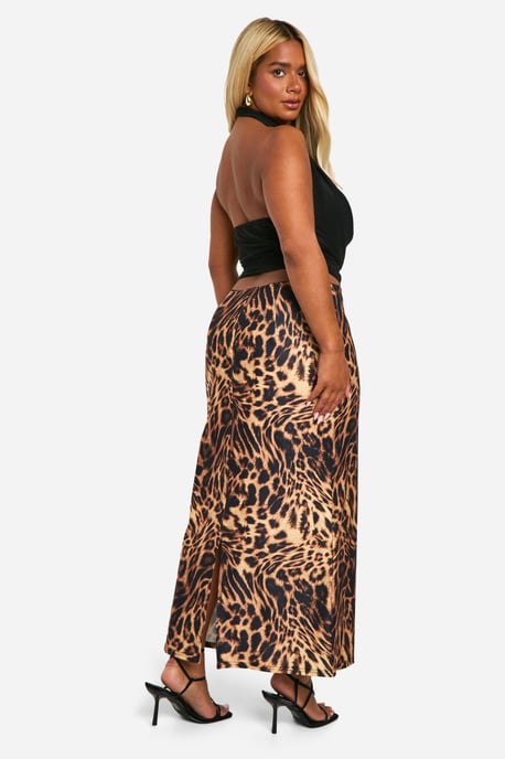 Boohoo Plus Leopard Webstoff-Stretchrock mit Schleifenbesatz, Midaxi - Image 2
