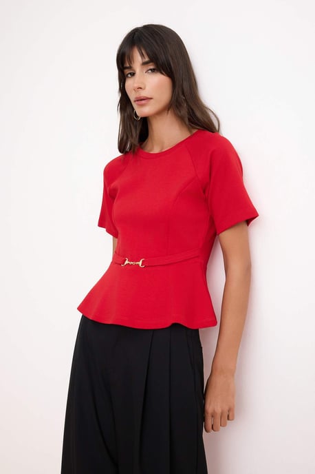 TRENDYOLMİLLA Damen Rot Einfarbig Kurz Schößchen Blusen - Image 1
