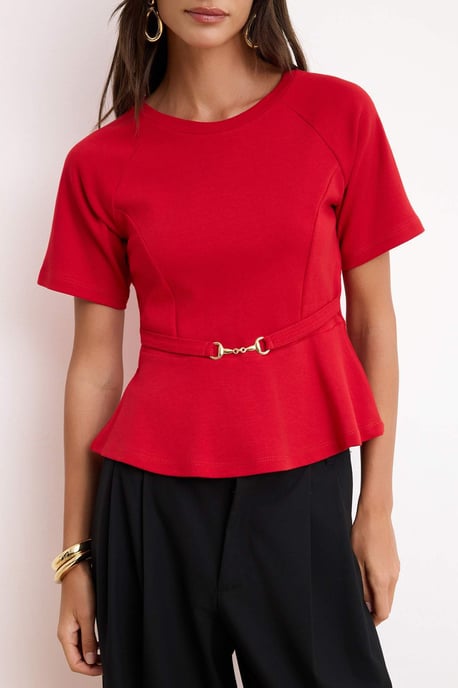 TRENDYOLMİLLA Damen Rot Einfarbig Kurz Schößchen Blusen - Image 2