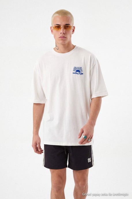 TRENDYOL MAN Jungen Ecru Slogan Kurz Oversize T-Shirts - Image 4