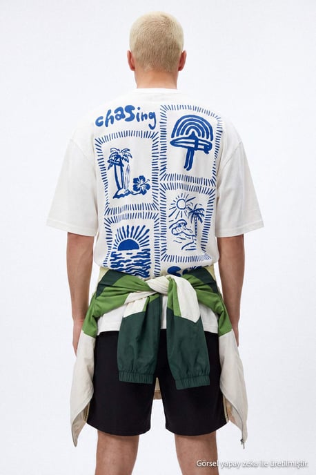 TRENDYOL MAN Jungen Ecru Slogan Kurz Oversize T-Shirts - Image 6