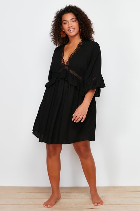 Trendyol Curve Damen Schwarz Einfarbig Kurz / Mini Lang Strandmode A-Linie Große Größen Kleid - Image 1