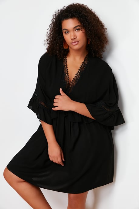 Trendyol Curve Damen Schwarz Einfarbig Kurz / Mini Lang Strandmode A-Linie Große Größen Kleid - Image 2
