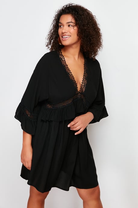 Trendyol Curve Damen Schwarz Einfarbig Kurz / Mini Lang Strandmode A-Linie Große Größen Kleid - Image 6