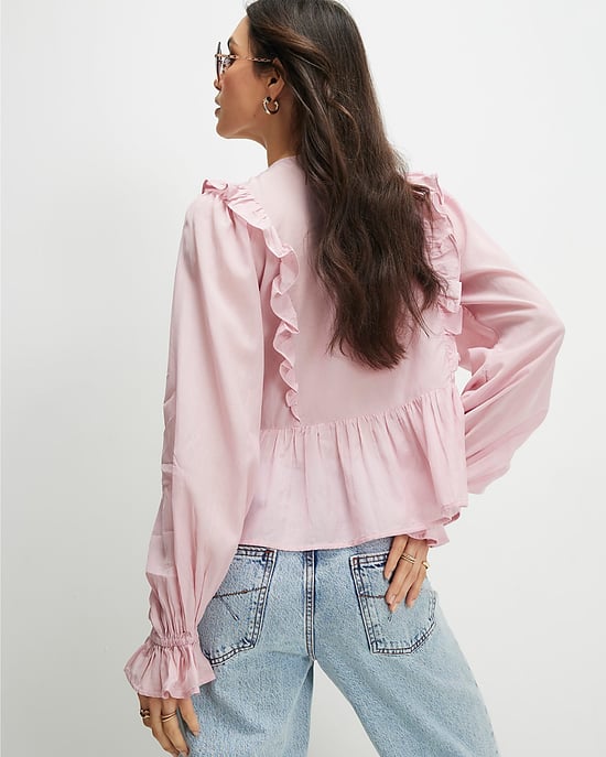 River Island Damenbluse Rosa Baumwollmischung Spitzeneinsatz Bindeband - Image 3