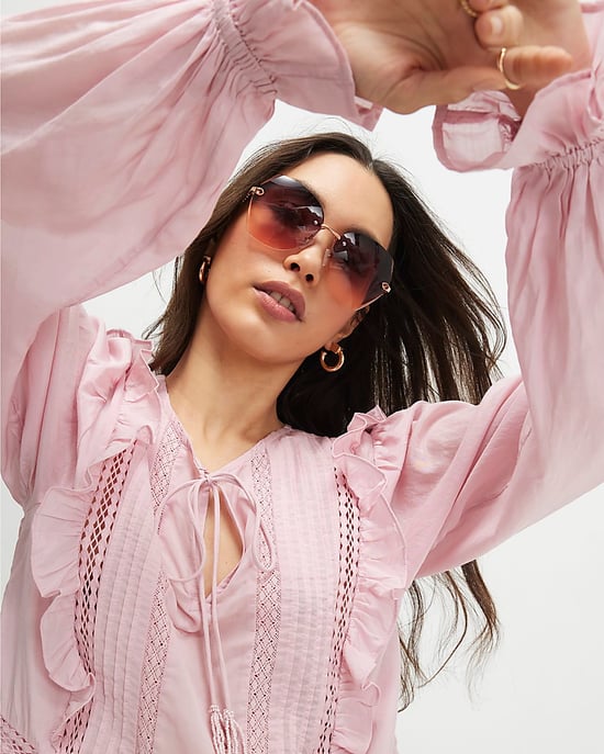 River Island Damenbluse Rosa Baumwollmischung Spitzeneinsatz Bindeband - Image 4
