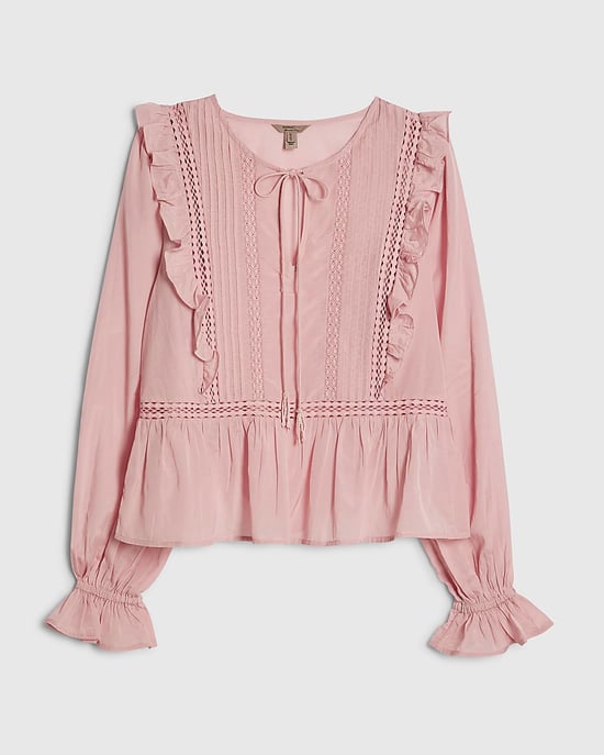 River Island Damenbluse Rosa Baumwollmischung Spitzeneinsatz Bindeband - Image 6