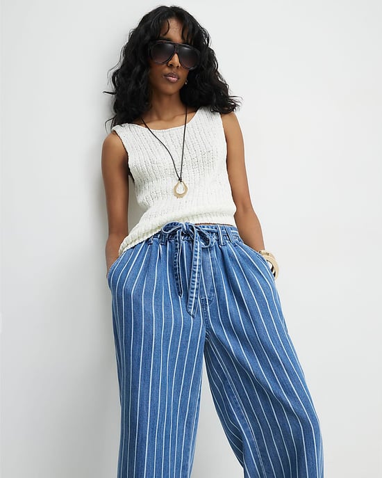 River Island Damen Wide-Leg-Jeans Blau Gestreift Paperbag Mid-Rise - Image 3