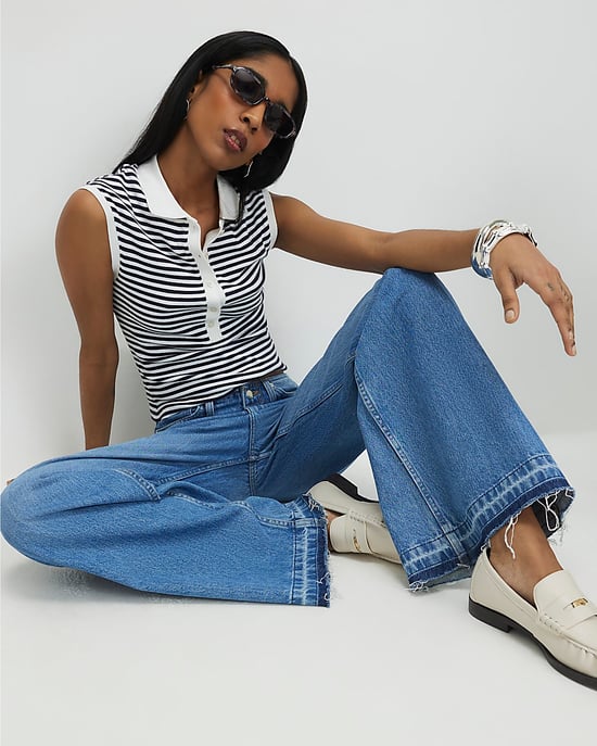 River Island Damenjeans mit weitem Bein, Blau, Umschlagbund, cleanem Bund - Image 2