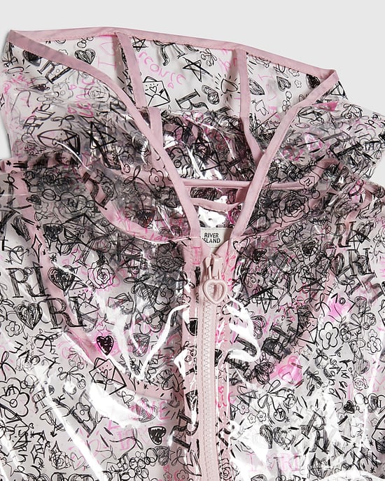 River Island Mädchen-Regenmantel Schwarz mit Graffiti-Print, Kapuze und Reißverschluss - Image 2