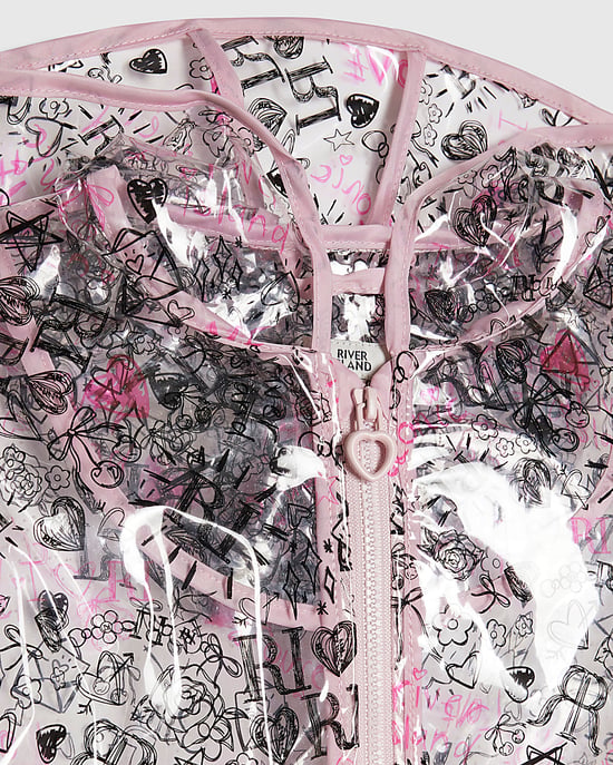 River Island Mini-Mädchen-Regenmantel Schwarz mit Graffiti-Print, Kapuze und Reißverschluss - Image 2