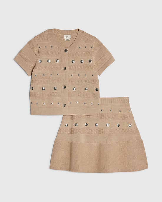 River Island Mädchen Top- und Rock-Set Beige Strick Nieten 2-teilig - Image 1