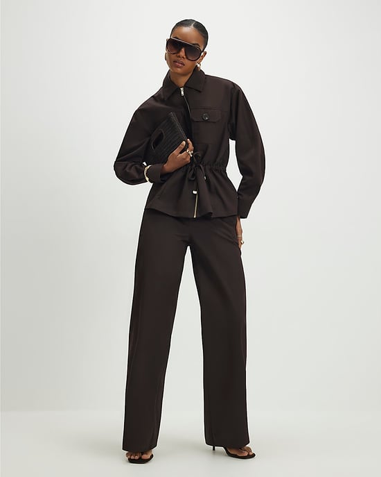 River Island Damenhose Braun Kordelzugbund Reißverschluss Hakenverschluss - Image 1