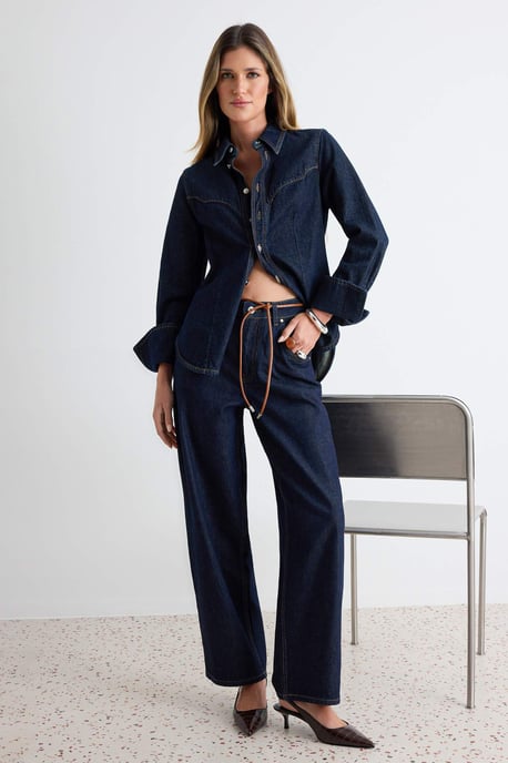 TRENDYOLMİLLA Damen Dunkelblau Einfarbig Barrel Hohe Taille Jeans - Image 1