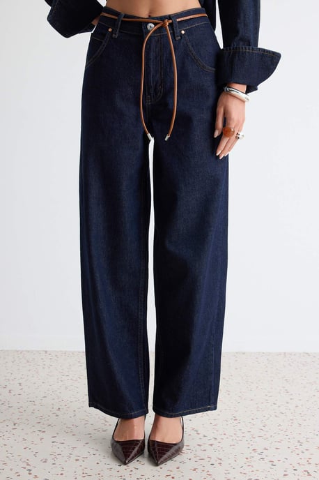 TRENDYOLMİLLA Damen Dunkelblau Einfarbig Barrel Hohe Taille Jeans - Image 2