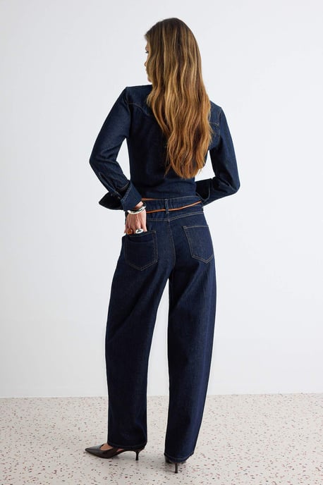 TRENDYOLMİLLA Damen Dunkelblau Einfarbig Barrel Hohe Taille Jeans - Image 3