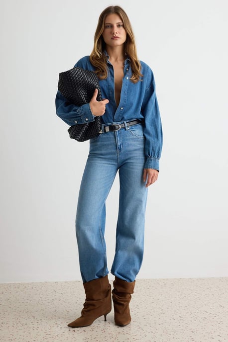 TRENDYOLMİLLA Damen Blau Einfarbig Weites Bein Hohe Taille Jeans - Image 1
