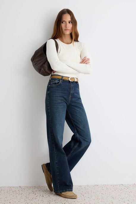 TRENDYOLMİLLA Damen Dunkelblau Einfarbig Weites Bein Hohe Taille Jeans - Image 1