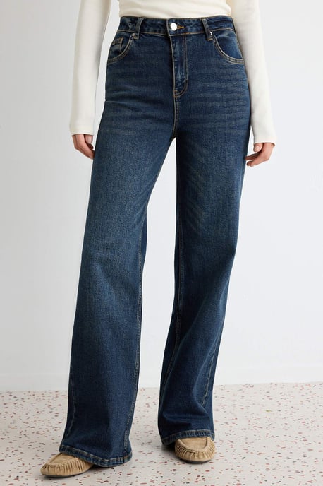 TRENDYOLMİLLA Damen Dunkelblau Einfarbig Weites Bein Hohe Taille Jeans - Image 2
