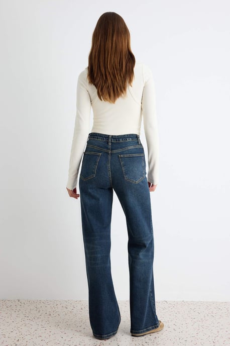 TRENDYOLMİLLA Damen Dunkelblau Einfarbig Weites Bein Hohe Taille Jeans - Image 3