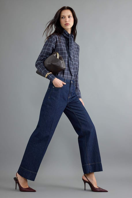 TRENDYOLMİLLA Damen Dunkelblau Einfarbig Weites Bein Normale Taille Jeans - Image 1