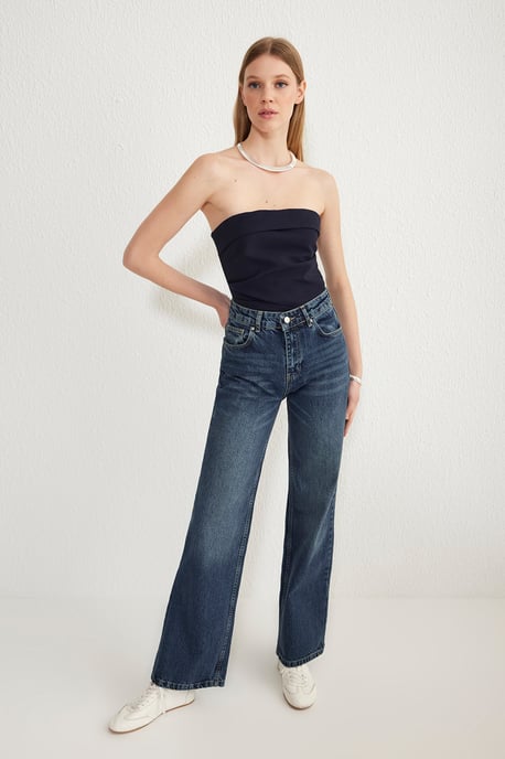 TRENDYOLMİLLA Damen Blau Einfarbig Weites Bein Hohe Taille Jeans - Image 4