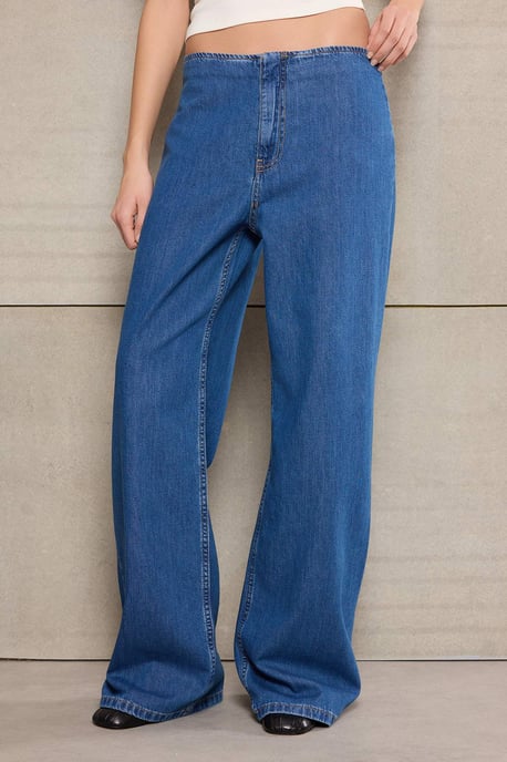 TRENDYOLMİLLA Damen Blau Einfarbig Weites Bein Normale Taille Jeans - Image 3