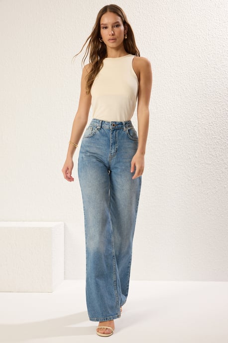 TRENDYOLMİLLA Damen Blau Einfarbig Weites Bein Hohe Taille Jeans - Image 1