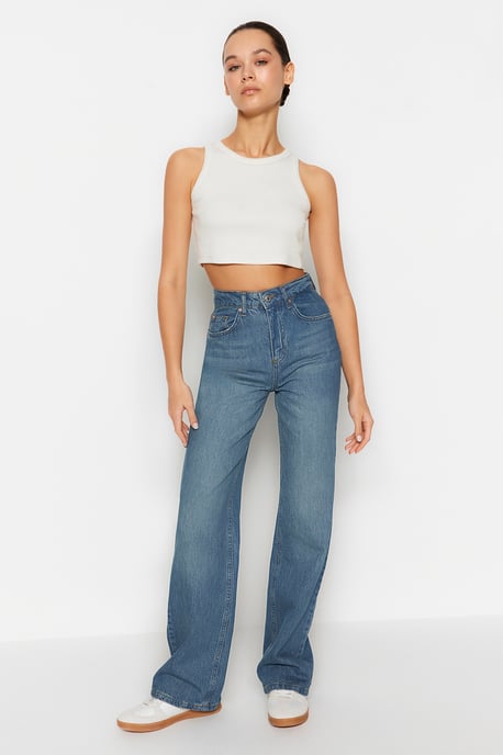 TRENDYOLMİLLA Damen Blau Einfarbig Weites Bein Hohe Taille Jeans - Image 4