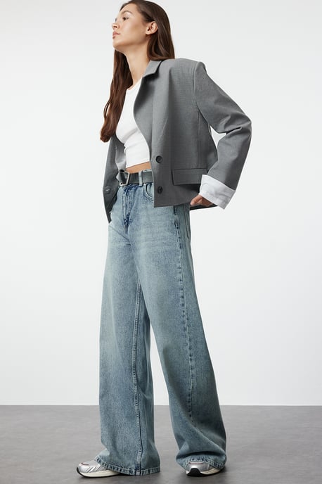 TRENDYOLMİLLA Damen Blau Einfarbig Weites Bein Normale Taille Jeans - Image 6