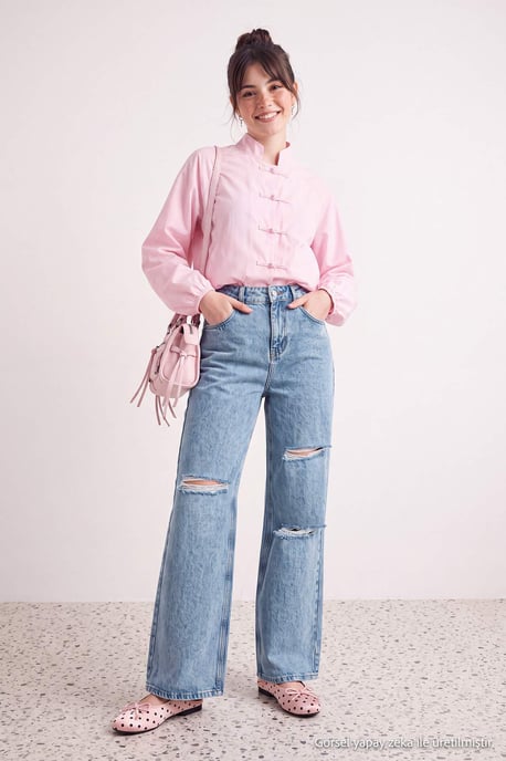TRENDYOLMİLLA Damen Blau Einfarbig Hohe Taille Jeans - Image 1