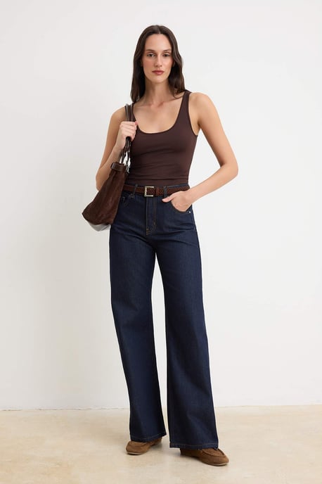 TRENDYOLMİLLA Damen Dunkelblau Einfarbig Weites Bein Hohe Taille Jeans - Image 1