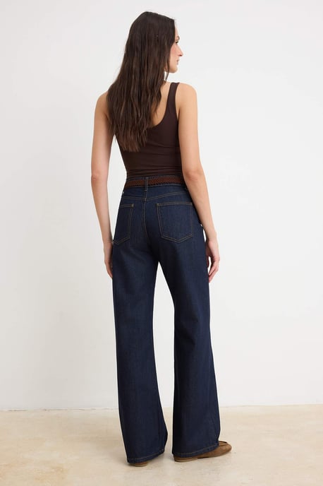 TRENDYOLMİLLA Damen Dunkelblau Einfarbig Weites Bein Hohe Taille Jeans - Image 3