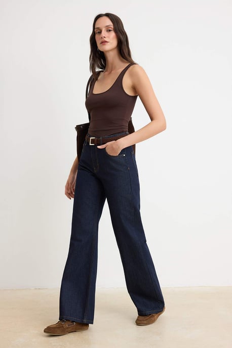 TRENDYOLMİLLA Damen Dunkelblau Einfarbig Weites Bein Hohe Taille Jeans - Image 4