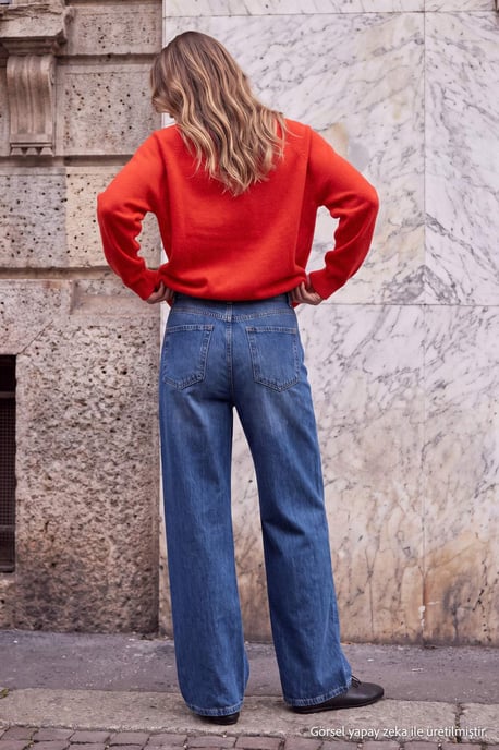 TRENDYOLMİLLA Damen Blau Einfarbig Weites Bein Normale Taille Jeans - Image 4