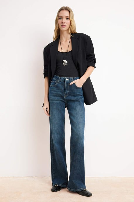 TRENDYOLMİLLA Damen Dunkelblau Einfarbig Weites Bein Hohe Taille Jeans - Image 1