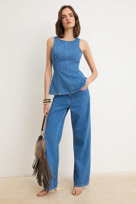 TRENDYOLMİLLA Damen Blau Einfarbig Weites Bein Hohe Taille Jeans - Image 1