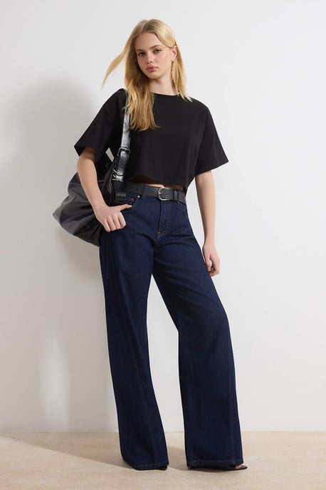 TRENDYOLMİLLA Damen Dunkelblau Einfarbig Weites Bein Normale Taille Jeans - Image 1