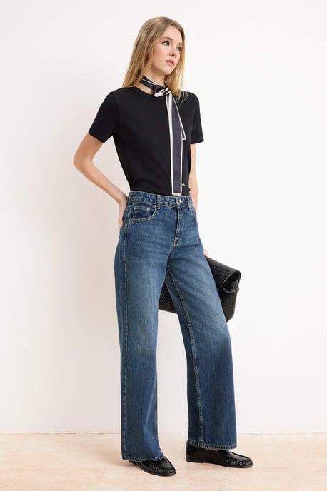 TRENDYOLMİLLA Damen Dunkelblau Einfarbig Weites Bein Normale Taille Jeans - Image 2